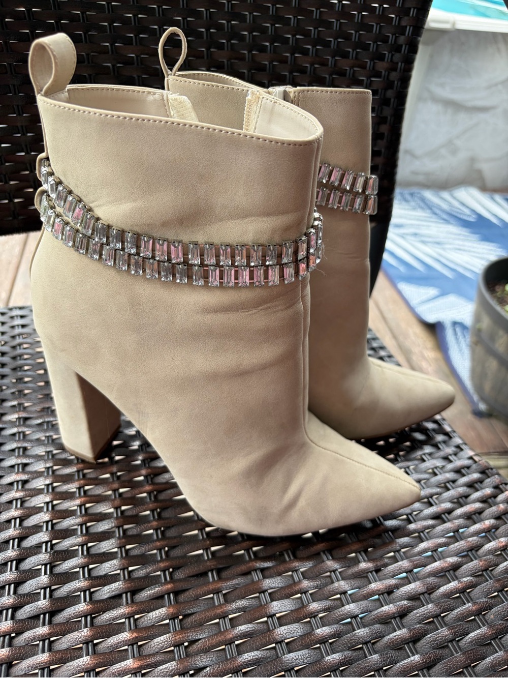 SHEIN Beige Pointed Toe Crystal-Trim Ankle Boots
